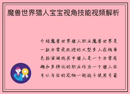 魔兽世界猎人宝宝视角技能视频解析