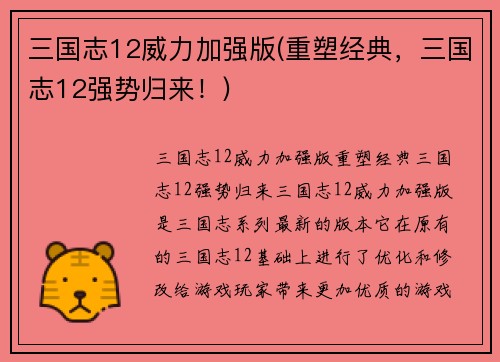 三国志12威力加强版(重塑经典，三国志12强势归来！)